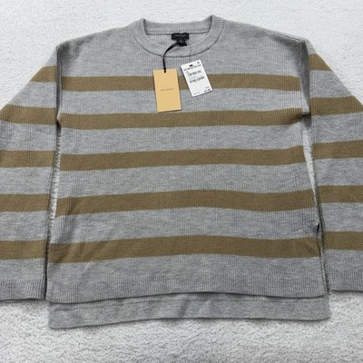 Halogen Women's Gray Tan Striped Crew Neck Sweater XS Acrylic Nylon NWT