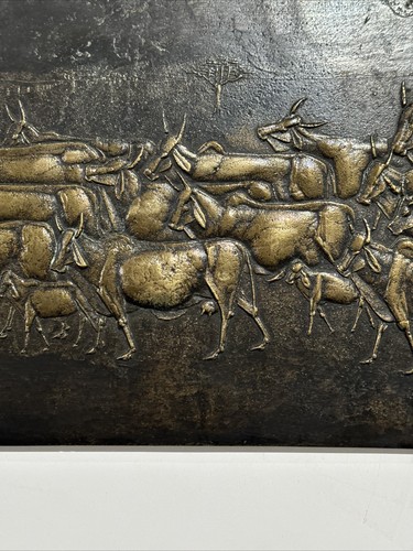 Unique Bronze Metal Sculpture Relief Wall Hanging Plaque CATTLE Signed FMB FARM - Picture 12 of 21