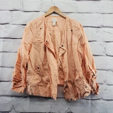 CHICOS 2 Jacket Womens Large Linen Long Sleeve Blazer Peach Open Front