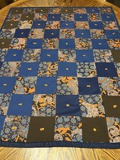 Vintage Patchwork Quilt 36x46 RETRO Blue Orange Brown Polyester Squares READ