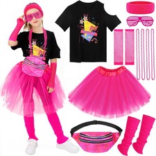 SOMSOC 13 Pcs Girls 80s Outfit Kids Halloween Costume Accessories Set