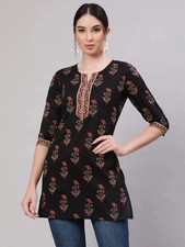 Indian Women Black Pure Cotton Floral Printed Top Tunic Kurta Kurti Dress