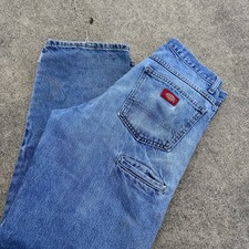 Vtg 90s Y2K Denim Dickies Carpenter Double Knees Trashed Blue Washed Denim 30x32