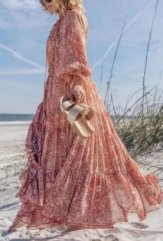 Maxi Vestido Free People Feeling Groovy Estampado Floral Talla M En Niveles Fluido Volantes Boho Foto 2 de 4