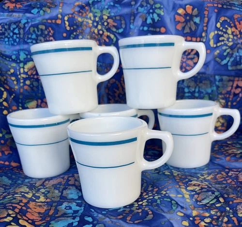 6 Pyrex Tableware By  Corning 709-27 Teal Stripes  Mugs Coffee Cups  Set Lot