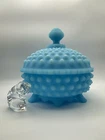 Vintage Fenton Satin Blue Hobnail Covered Candy Dish STAMPED & Original Sticker
