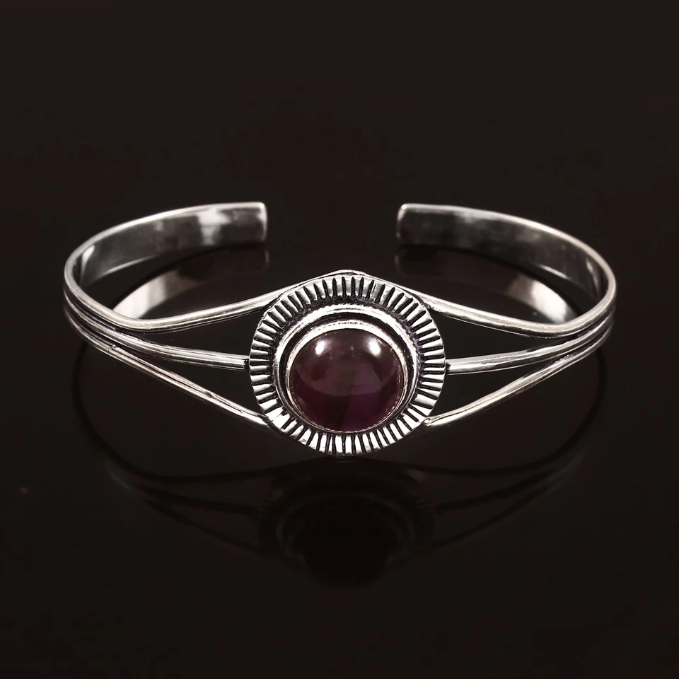 925 Sterling Silver Natural Purple Amethyst Gemstone Jewelry Cuff Bracelet - Image 3 of 3