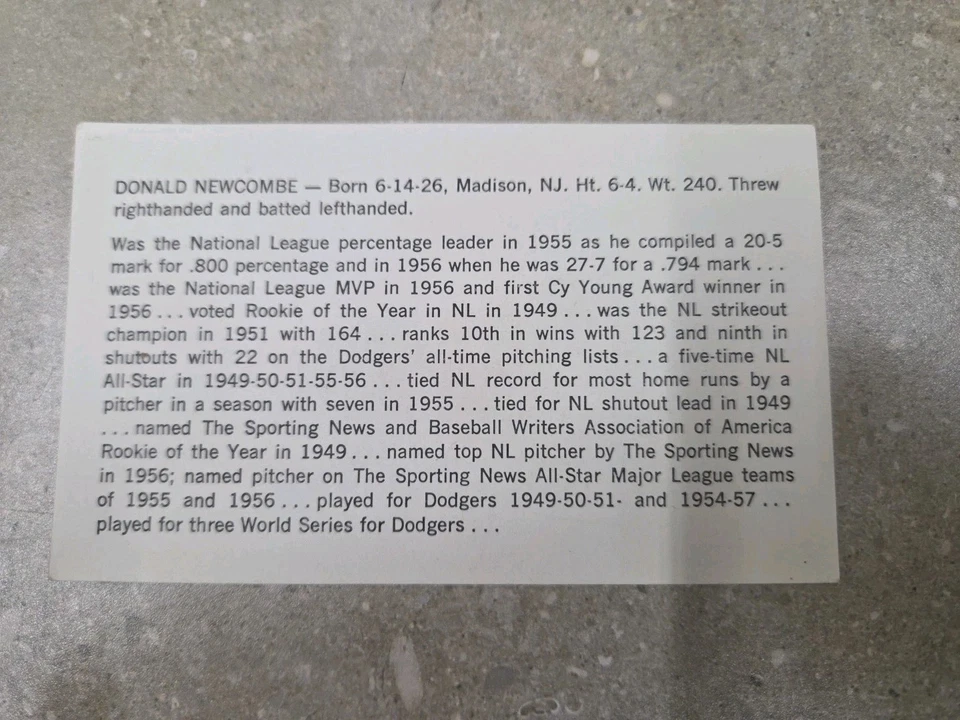 Foto postal bio de béisbol firmada de colección de Don NEWCOMBE Dodger's HOF Foto 3 de 3
