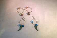 Silver & gold tone glass drop, wings hoop dangle earrings 2" - 2 Pair
