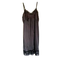Black Satin Babydoll Dress Lace Trim MIDI V-neck Slip Cami Sz S