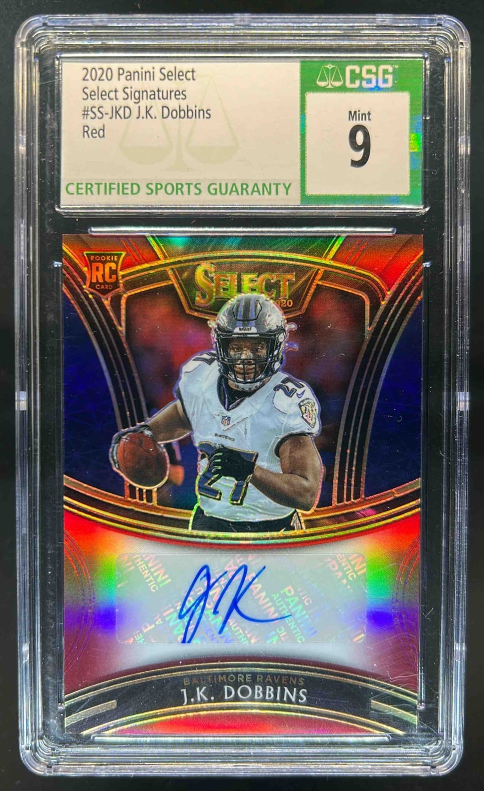 JK Dobbins Panini Select Select Signatures Prizm #SSJKD Red