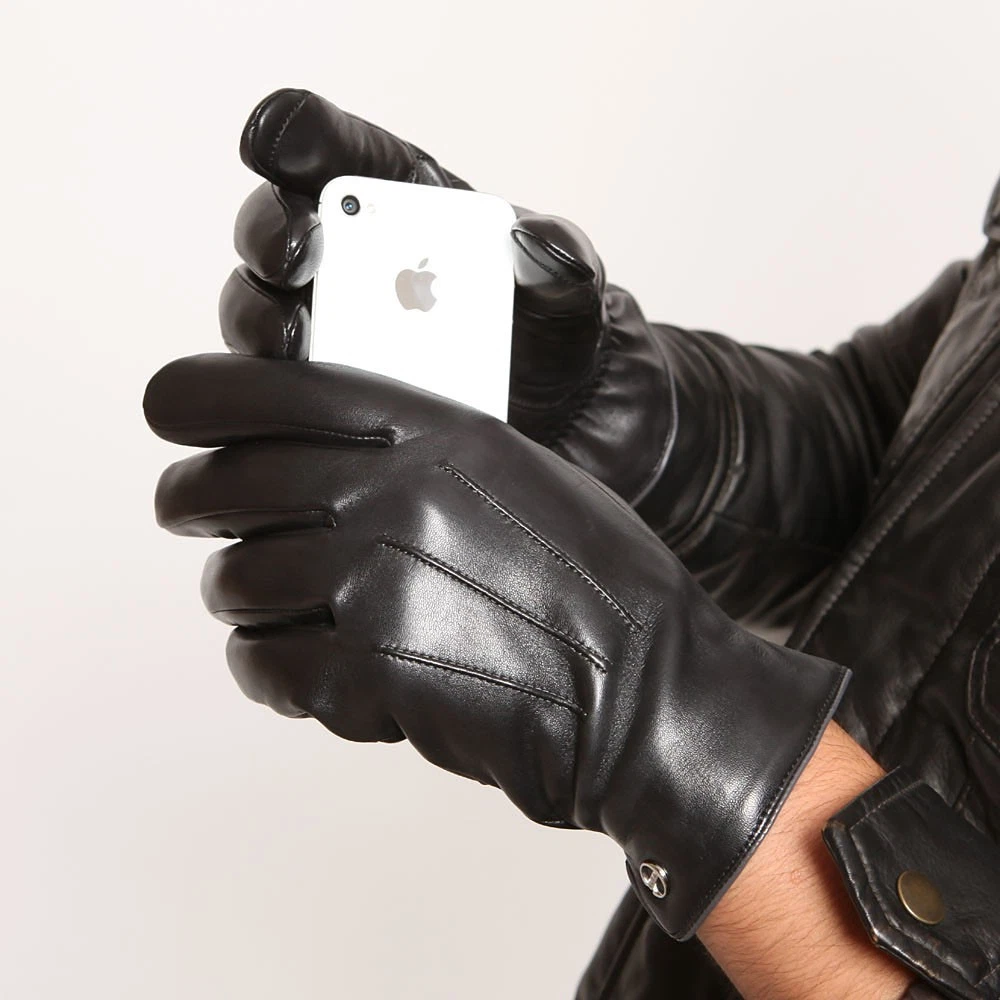 Mens Genuine Nappa Leather Touch Screen Function Warm Lined Gloves On Sale #E011