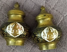 Vintage Brass Black & White Salt/Pepper Shakers Cloisonne Siam Thailand 2 5/8"