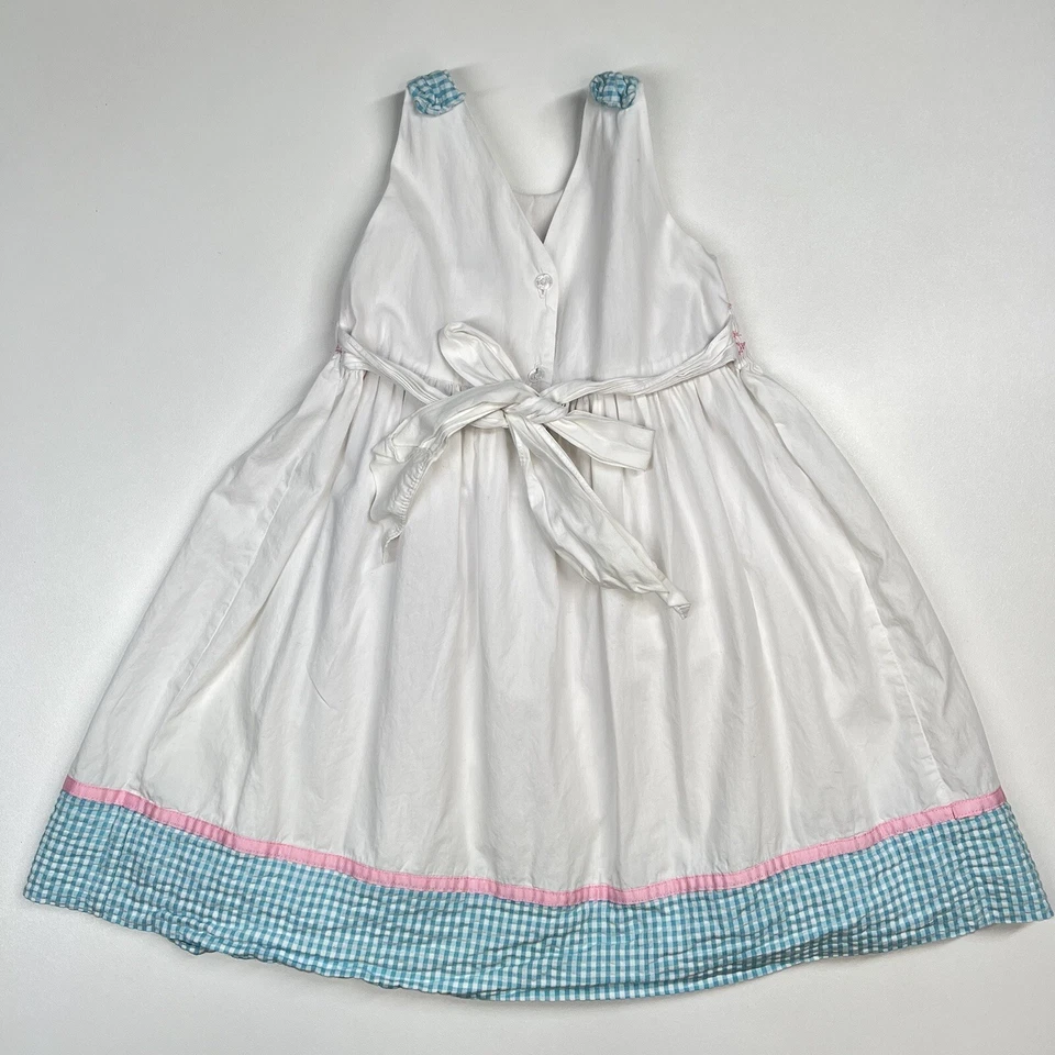Vestido Hartstrings Talla 6x Calado Niñas Blanco Sin Mangas Azul Seersucker Borde Lazo Foto 2 de 4