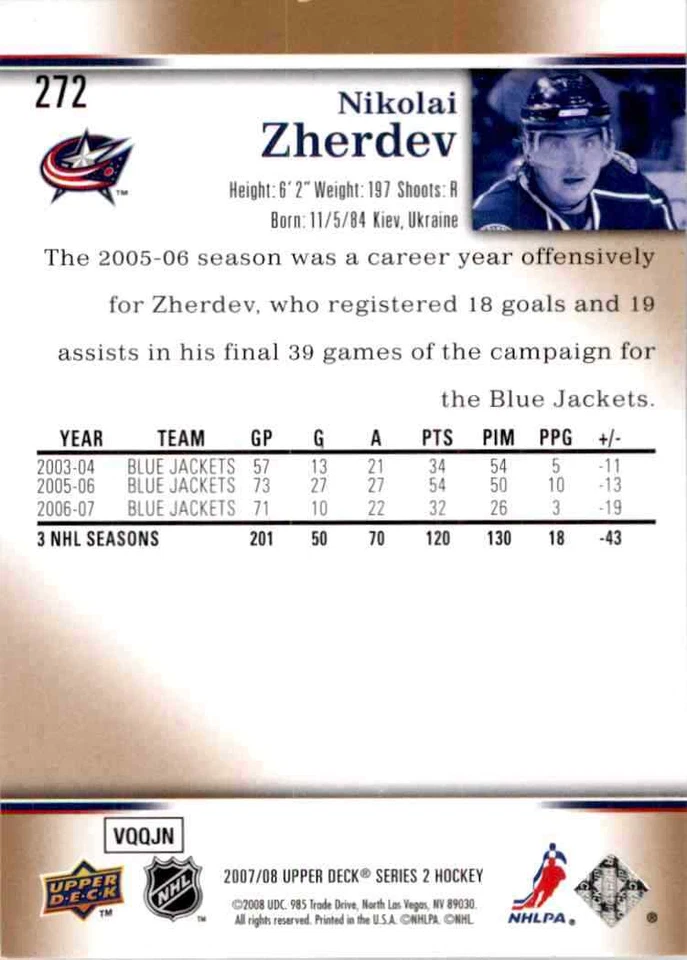 2007-08 Upper Deck Nikolai Zherdev #272 - Image 2 of 2