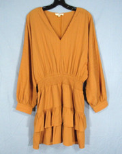 ENTRO Gold TEXTURED TWILL V-Neck DOLMAN Smocked Waist TIERED Blouson Dress Sz L