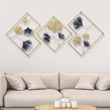 3Pcs 164 x 70.5 cm Metal Wall Art Hanging Sculpture Decor 3D Ginkgo Gold & Blue