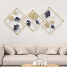3Pcs 164 x 70.5 cm Metal Wall Art Hanging Sculpture Decor 3D Ginkgo Gold & Blue