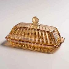 Champagne Color Glass Butter Dish with Lid, Covered Butter Stick Holder Tray
