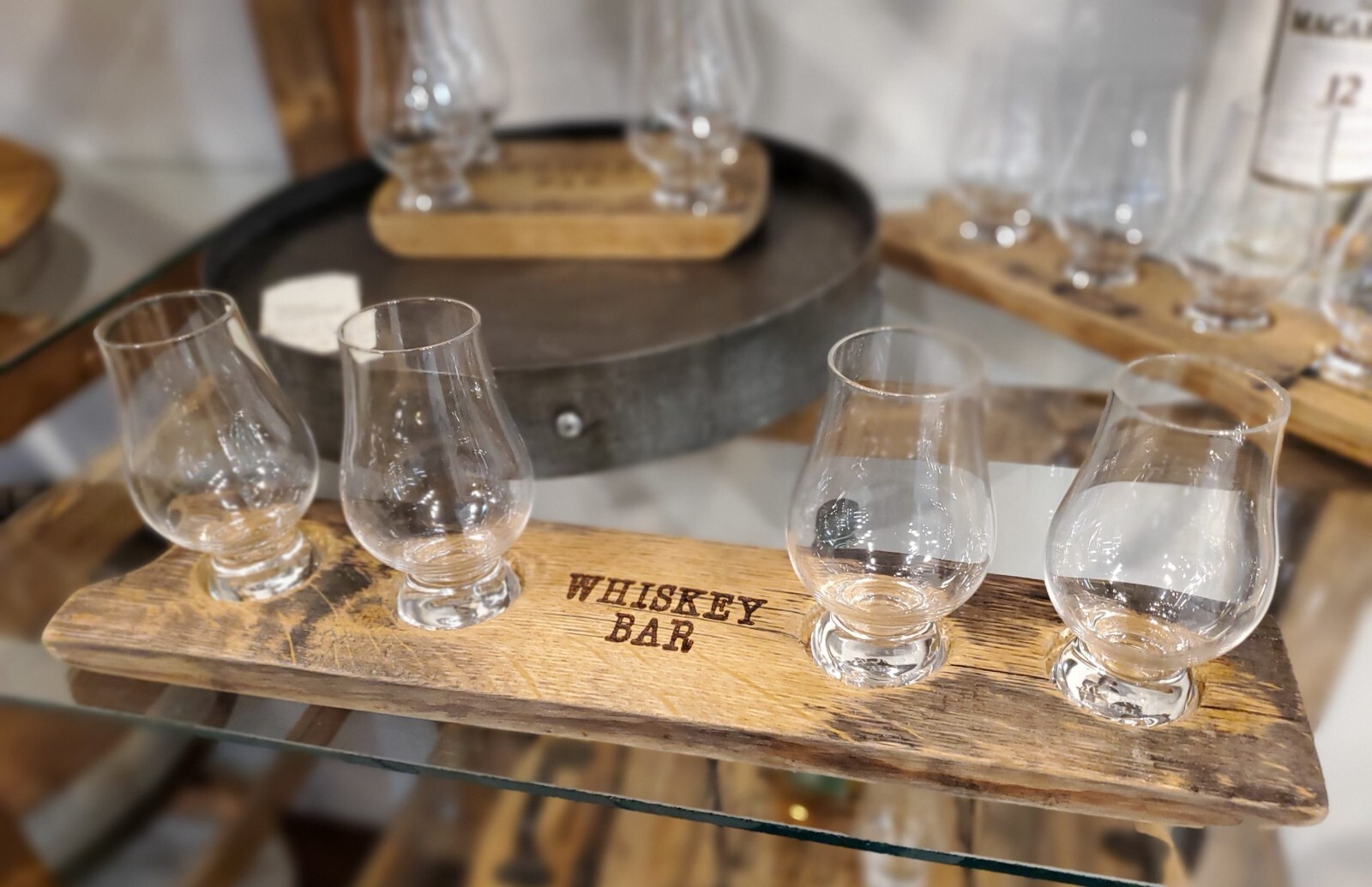 Reclaimed Whiskey Oak Wood Tasting Flight Tray with 4 Whiskey Glasses-image