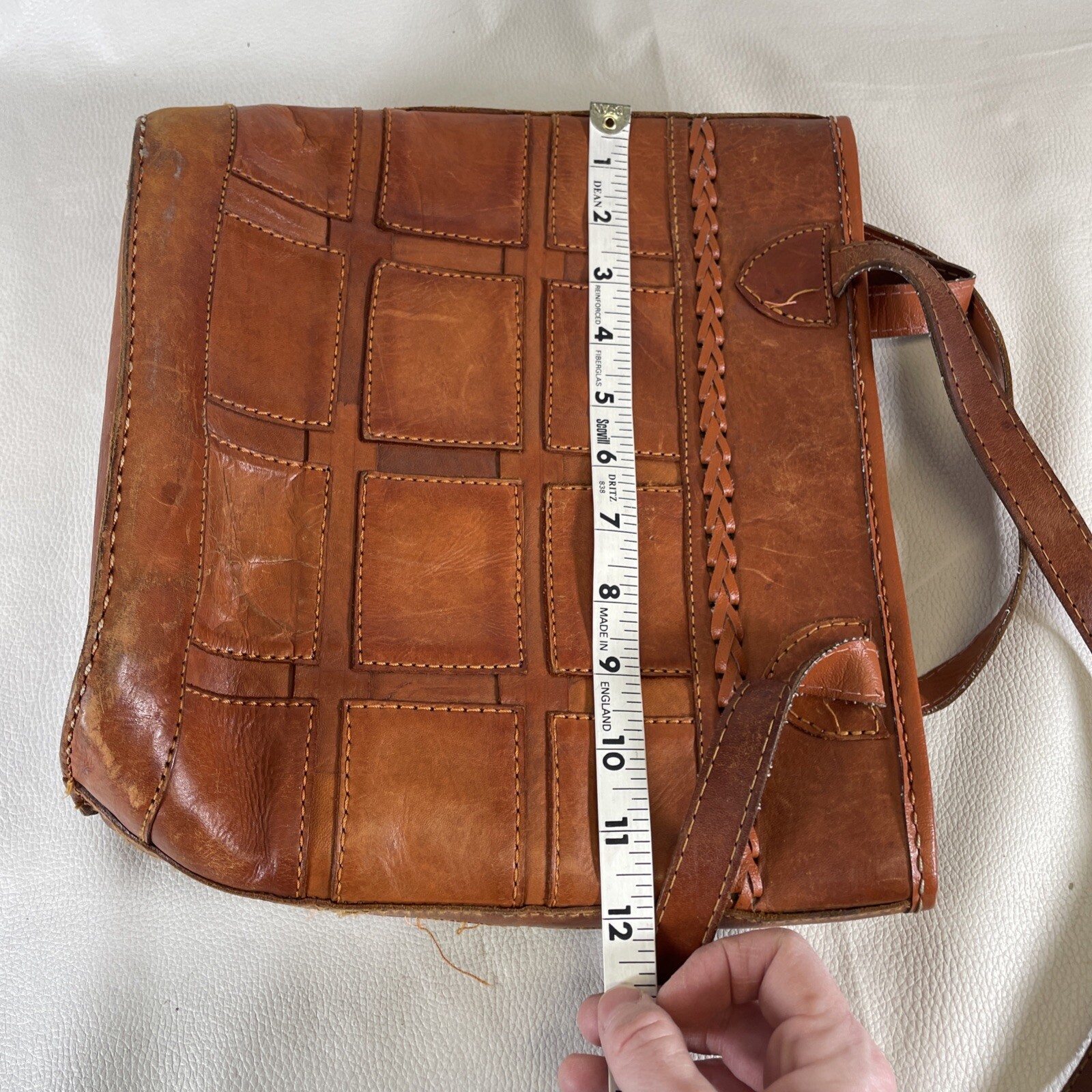 Vintage Square Patch Pattern Tan Leather Purse / … - image 12