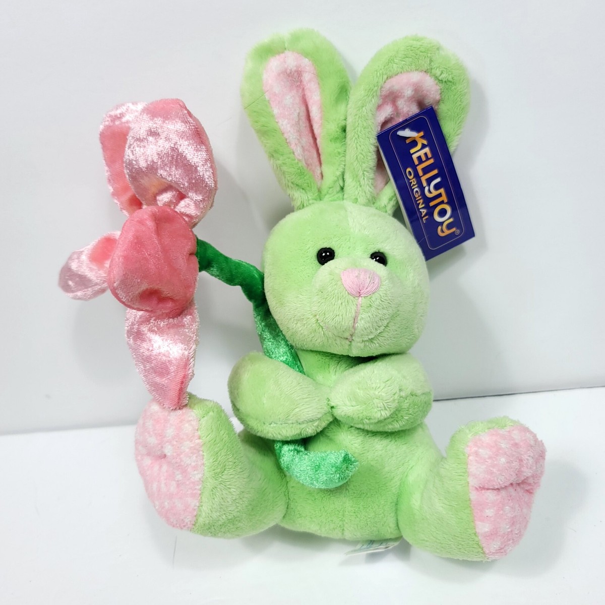 ぬいぐるみ   exclusivepinkpolka bunny Green Pink Bunny Rabbit Plush Kellytoy Holding Pink Flower Easter