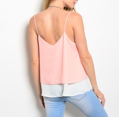 Women V-Neckline Double Layered Chiffon Top in Pink and White - Picture 2 of 2