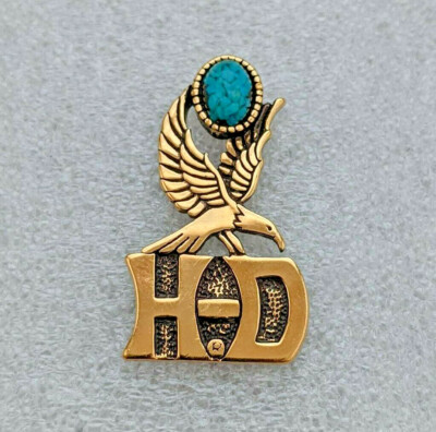 Vintage '90's Harley Davidson Eagle PIN Polished Brass Genuine Turquoise Stone!
