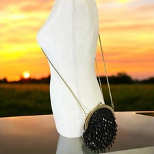 VTG Evening Bag Purse Black Beaded Sequins Metal Chain Strap Framed MCM Flapper