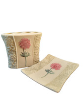 Porcelain 3D Pink Floral Soap Dish  Toothbrush Holder Set by SKL Bathroom Decor