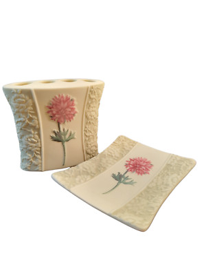 Porcelain 3D Pink Floral Soap Dish & Toothbrush Holder Set by SKL Bathroom Decor