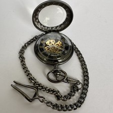 Armel Steampunk Pocket Watch Clear Face Hand Winding Mechanical 14" Chain