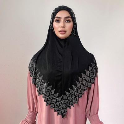 Arab Prayer Khimar Women Rhinestone Hijab Overhead Headscarf Muslim Burka Turban