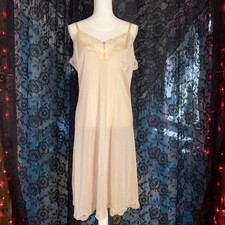 Vintage 42 Bust Semi Sheer Beige Nylon  Scalloped Lace Slip Dress Size Large