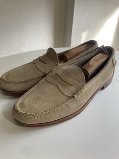 Mocasines Allen Edmonds Tan Sea Island Penny gamuza 11D cosidos a mano suela de cuero pulido
