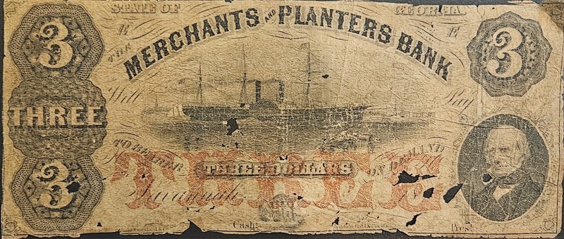 1859 $3 Three Dollars The Merchants and Planters Bank Savannah, Georgia 167 Yrs