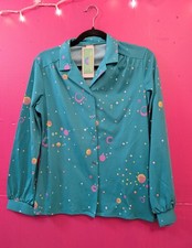 Vintage 70s Turquoise Abstract Pattern Button Up Shirt M