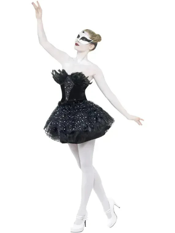 Ladies Black Swan Costume Womens Gothic Ballerina Tutu Halloween Fancy Dress