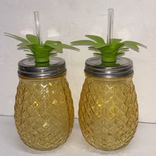 Mason Jar Yellow Pineapple Drinking Cocktail Glass Straw Silicone Leaves MINT