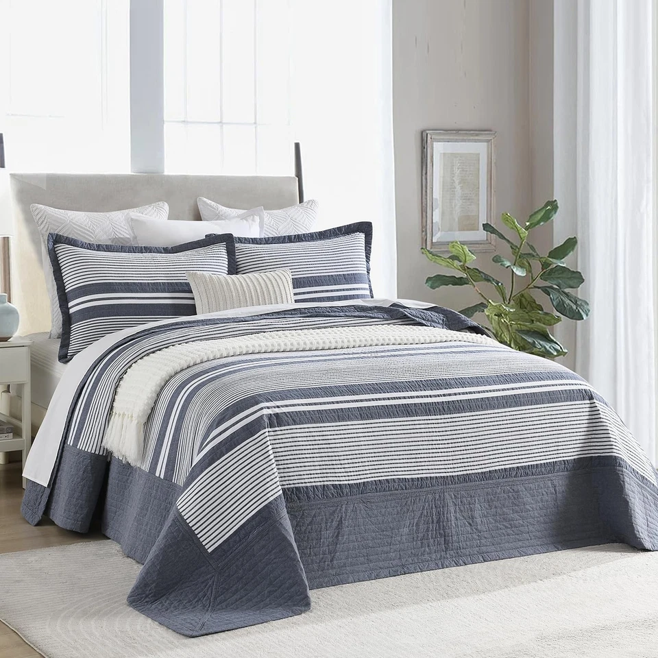 100% Cotton Bedspread California King Size - 120"x120" Blue Quilt Set with St... - Image 2 of 4