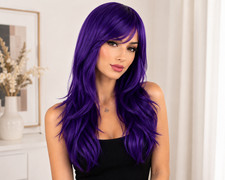 Long Purple Wig for Women Layered Wavy Hair with Side Bangs Cosplay Party