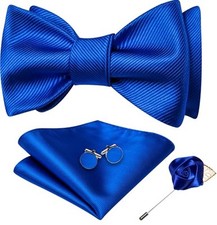 Mens Bow Tie Set with Lapel Pin Brooch Pink Silk Self Tie Soild Deep Blue
