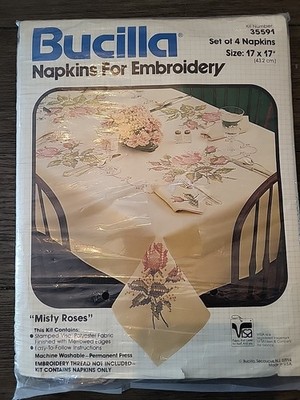 Bucilla Napkins For Embroidery Kit #35591 - Set Of 4 - 17''×17'' - ''Misty Roses'' 