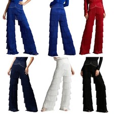US Womens Latin Tango Dance Pants Shiny Rhinestones Layered Tassel Trousers