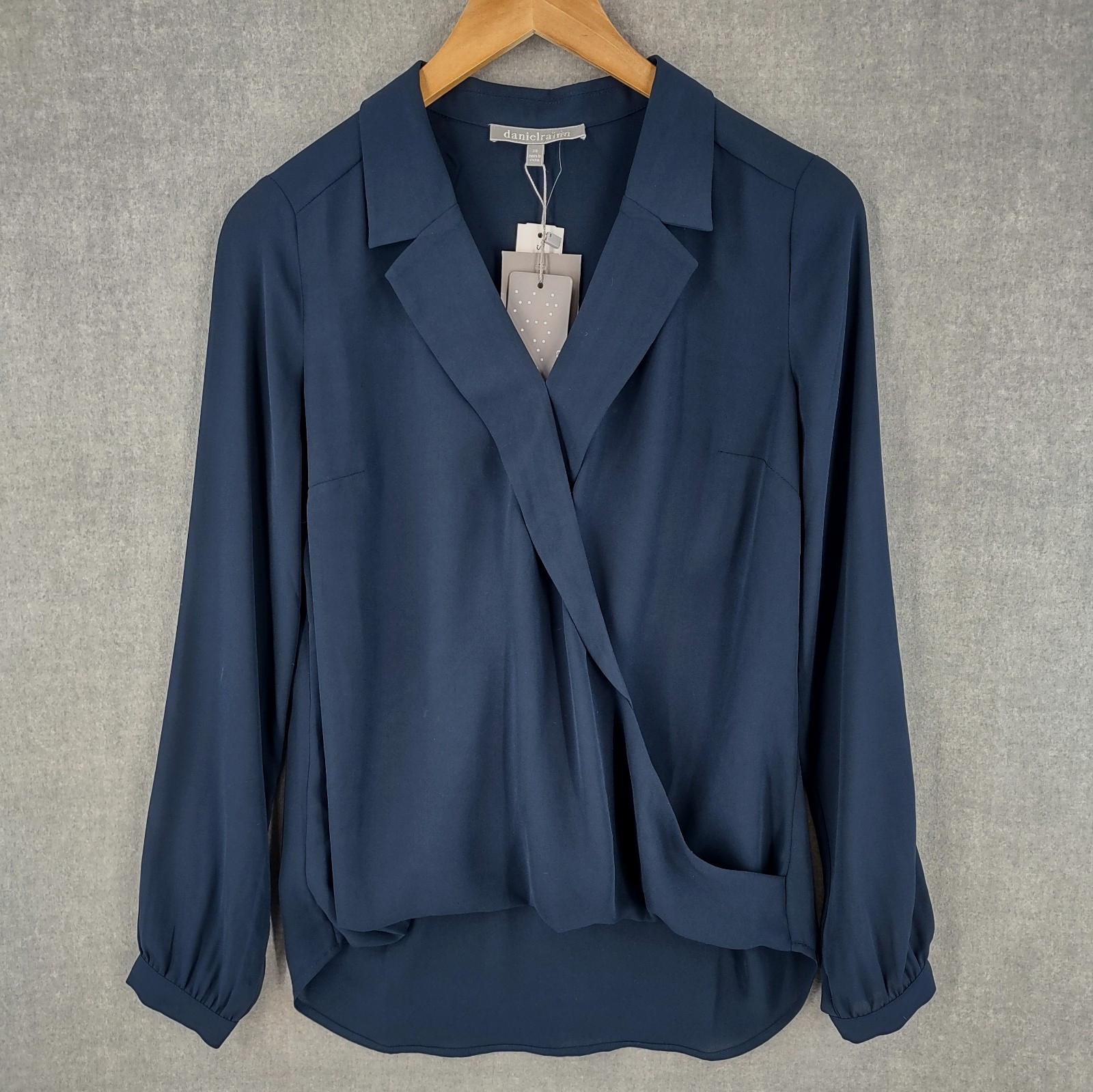 Daniel Rainn Adene Surplice Blouse XS Blue Chiffon Hi Lo Faux Wrap Long Sleeve