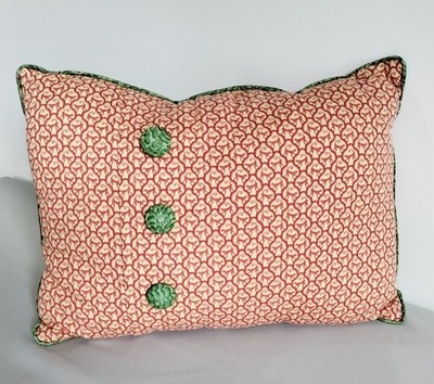 Custom Red Monkey Trellis Pillow Green Buttons & Welt Trim P Kaufmann Cotton 