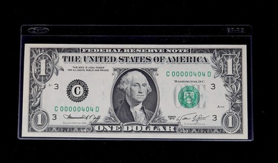 #ad 1974 $1 Fancy Binary Low Serial Number C00000404D Federal Reserve Uncirculated $119.95