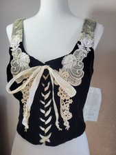 Black Velvet Corset Cream Applique accents Lace Goth Victorian Fairycore Sz Sm