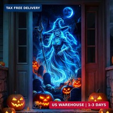 Halloween Door Cover Decorations 35x79", Spooky Glowing Witch Pumpkin Door Banne