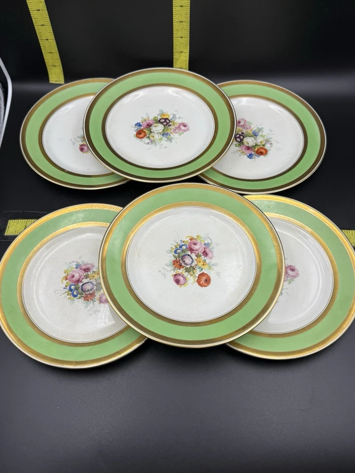 Set  Of 6 Johnson  Bros England for Ovington Bros NY 8.75” Green Gold Rim Plate - Image 2 of 4